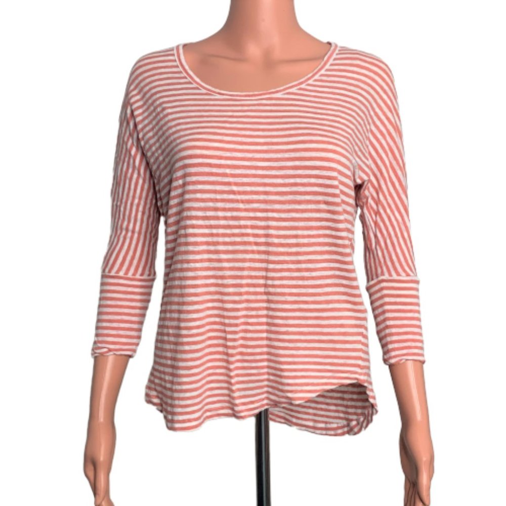 Joie XS Pink Striped 3/4 Sleeve Linen Scoop Top